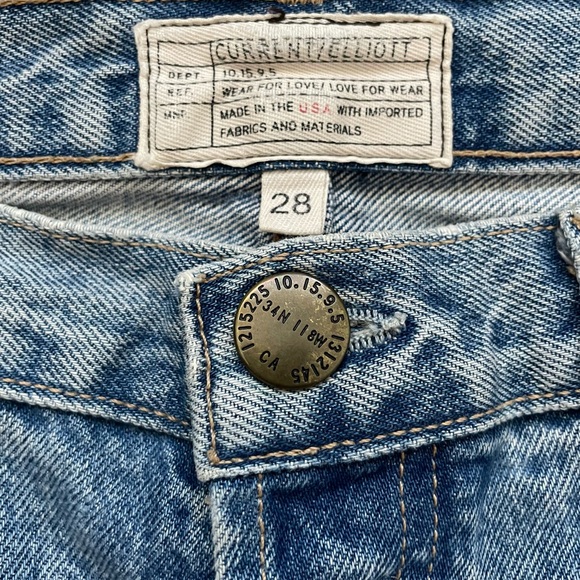 CURRENT/ELLIOTT CROPPED STRAIGHT LEG DISTRESSED PATCHES BLUE JEANS - Picture 6 of 8